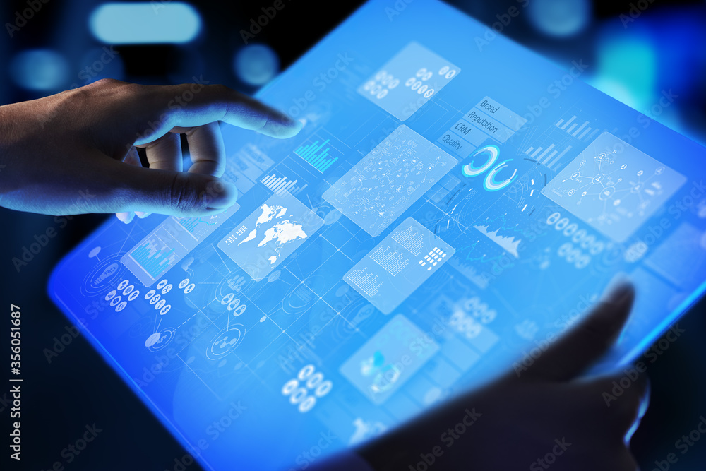 Aufkleber business intelligence analyst dashboard on virtual screen. big data graphs charts.