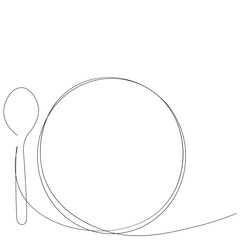 Spoon and plate line drawing, vector illustration