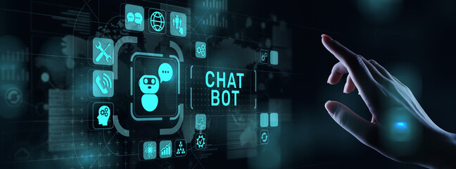 Chatbot computer program designed for conversation with human users over the Internet. Support customer service concept.