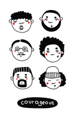 Male face, types of male hairstyles and beards on an isolated background. Barbershop. Father's day. Courageous. Doodle. Vector.