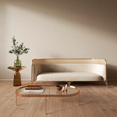 Beige interior with blank wall, sofa and decor. 3d render illustration mock up. © YKvisual