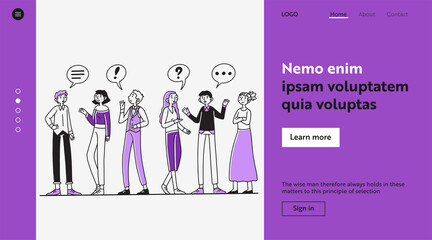 Group of people talking to each other. Men and women chatting with dialog bubbles and gestures. illustration for communication, conversation, discussion concept