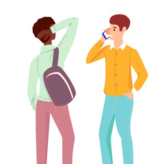 Two guys talk different races. The young man speaks on the phone, a friend is standing nearby. Concept: communication of international students, conversations of friends, exchange student.