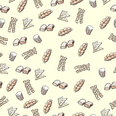 Background with hand-drawn cakes on a light background