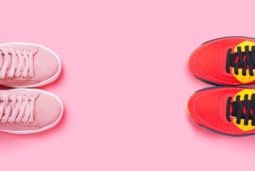 Pink, red sneakers on pink background, concept of social distance