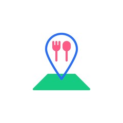 Restaurant location pin flat icon, map marker with fork and spoon vector sign, food delivery tracking colorful pictogram isolated on white. Symbol, logo illustration. Flat style design