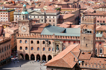 Aerial view of architecture Piazza Maggiore in Bologna city, Italy