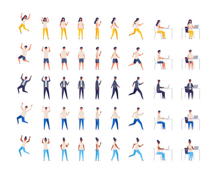 People character of various races in different poses. Vector illustration. full length.