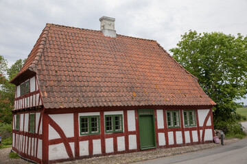 old building with red lines 