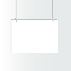 The sign is empty, white, with a shadow, suspended on cords. Vector illustration, eps 10.
