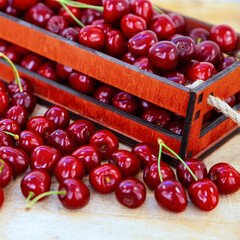 Ripe sweet cherries on a wooden background.