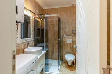Interior of a bathroom in hotel apartment building
