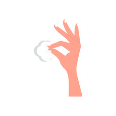 The hand holds a cotton swab, cotton. Vector illustration, flat cartoon design, eps 10.