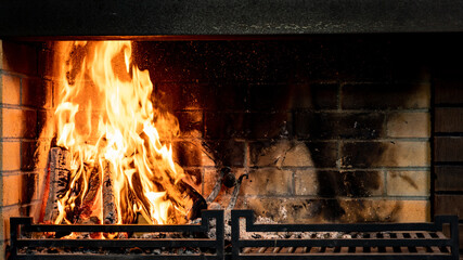 Fireplace close up. Burning burning firewood in a fireplace. Home furniture