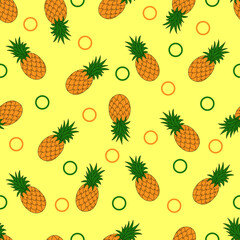 Seamless pattern with pineapples on a yellow background. Vector illustration.