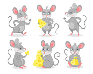 Funny mice characters flat icon set. Cute happy mouse eating cheese isolated vector illustration collection. Cartoon mice concept