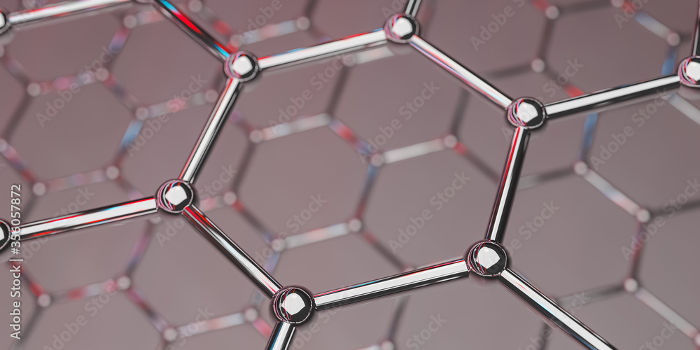 Poster graphene molecular nano technology structure on a red background - 3d rendering