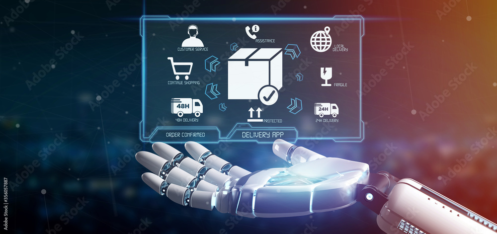 Poster cyborg hand holding a logistic delivery application screen 3d rendering