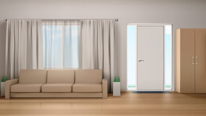 Living room interior with couch, wardrobe, curtained window and door with glass panels. Empty modern home design vizualization inside view. Realistic 3d vector house with white walls and wooden floor