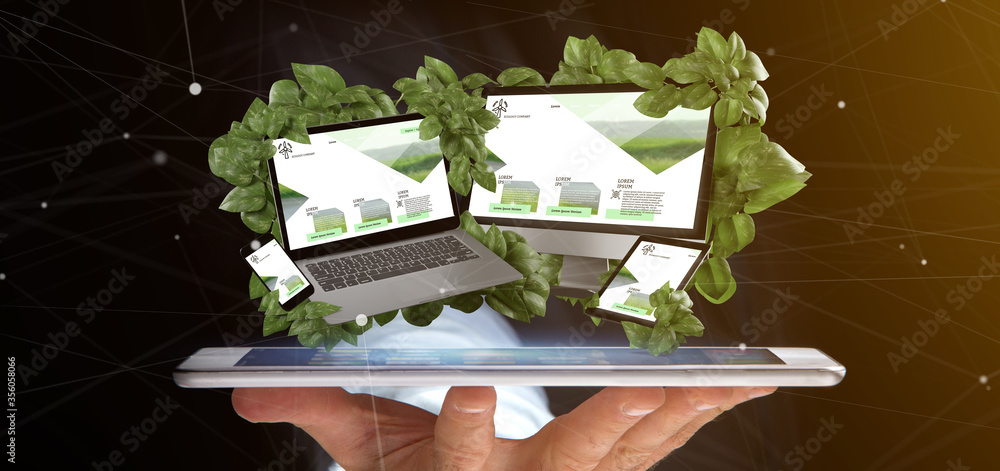 Poster businessman holding a connected devices surrounding by leaves 3d rendering