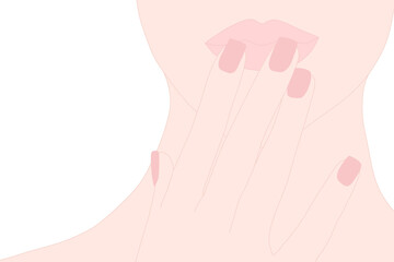 Beautiful girl showing a color of Manicure Nails and  color lipstick on her lip. Cosmetic, make up, spa, nail salon concept.