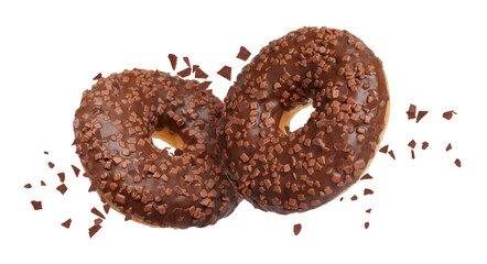 Sweet delicious donuts falling on white background