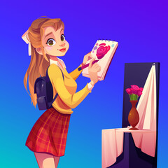 Artist girl paint flowers in vase. Painter young woman in teenage clothes and rucksack on back holding pencil and sketchbook with rose blossom sketch. Workshop studio class Cartoon vector illustration