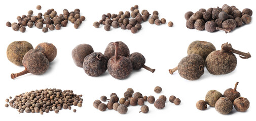 Set of different peppercorns on white background. Banner design