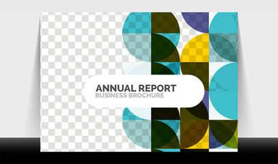 Horizontal A4 business flyer annual report template, circles and triangle style shapes modern geometric design for brochure layout, magazine or booklet