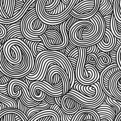 Noodle doodle, hand-drawn seamless pattern. Black wavy lines on a white background - 356058697