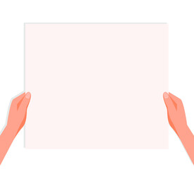 Two male hands are holding a blank sheet of paper in front of them. Vector illustration, flat cartoon design, eps 10.