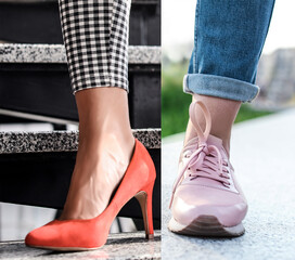Woman in different shoes, closeup. Concept of balance between work and life