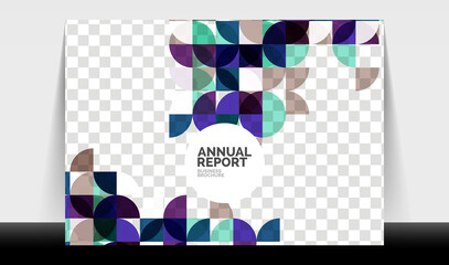 Horizontal A4 business flyer annual report template, circles and triangle style shapes modern geometric design for brochure layout, magazine or booklet