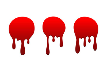 Blood drip set. Drop blood isloated white background. Happy Halloween decoration design. Red splatter stain splash spot, horror blot. Bleeding bloodstain scare texture Liquid paint. Vector illustraton