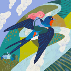 Obraz na płótnie Canvas Thumbelina and the swallow are flying south to warmer places
