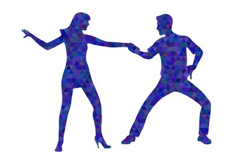 bright dark blue silhouette of a dancing girl and a guy. Rumba, bachata, cha-cha-cha, salsa, forro. polygon isolated drawing. pop art. design of posters and decorations. print, template