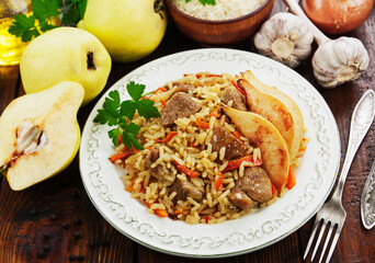 Pilaf with meat and quince