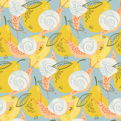 Pattern with snails and pears on the blue background