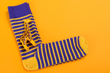 pair of striped socks and a toy giraffe, on a yellow background, concept