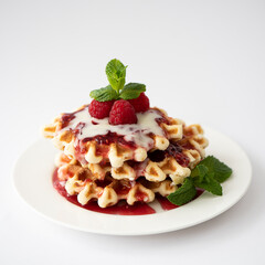 round waffles with sauce, raspberries and mint leaves