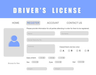 Fototapeta na wymiar Website page with Driver's license application form