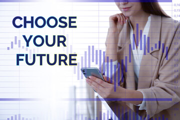 Choose your future. Woman with smartphone indoors, closeup