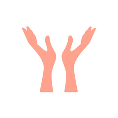 Two graceful hands, gesture palm up. Vector, flat cartoon. Concept: gesture of frugality, design element, design detail, female hands, support symbol, value something.
