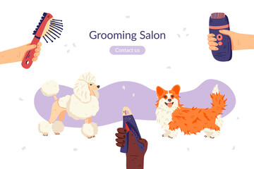 Grooming salon landing page template. Flat Corgi and Poodle dog breeds. Groomers hands with tools around. Vector illustration. For pet care social network, animal guide, banner, flyer.