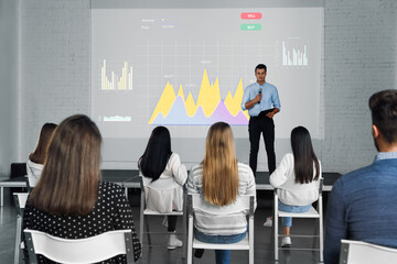Business people having meeting in office and financial charts on projection screen. Forex conference