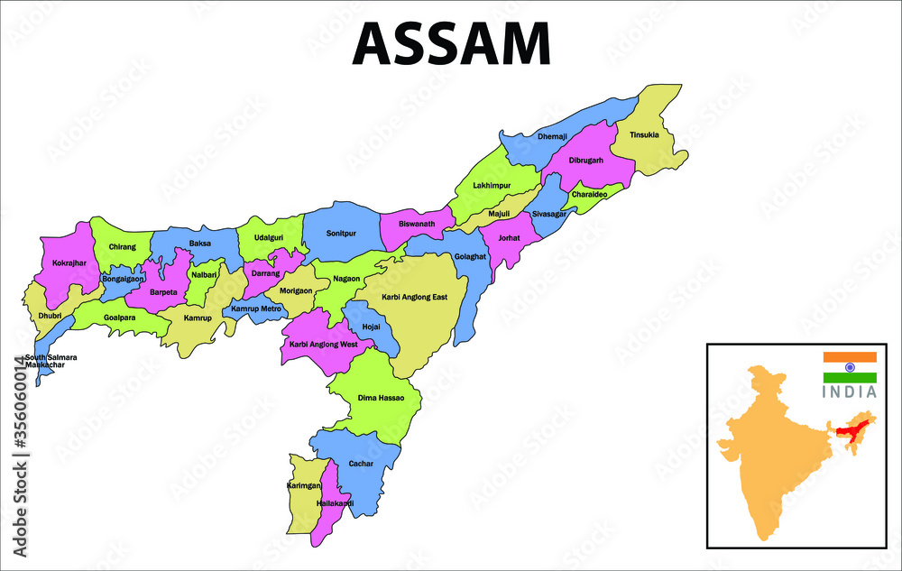 Sticker Assam map. Political and administrative map of Assam with districts name. Showing International and State boundary and district boundary of Assam. Vector illustration of districts map.