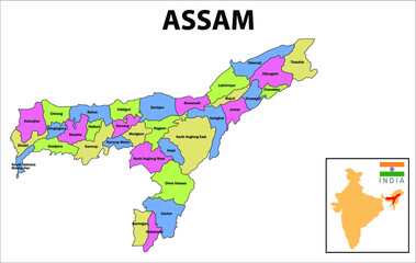 Fototapeta premium Assam map. Political and administrative map of Assam with districts name. Showing International and State boundary and district boundary of Assam. Vector illustration of districts map.