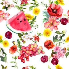 Summer fruits, meadow flowers, wild grass. Seamless food pattern. Watercolor