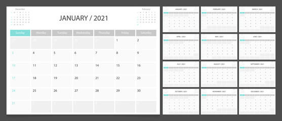 Calendar 2021 week start Sunday corporate design planner template.
