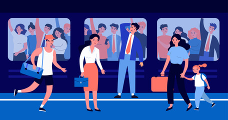 People going to work or school at morning. Transport, crowd, hurry flat vector illustration. Rush hour and city life concept for banner, website design or landing web page